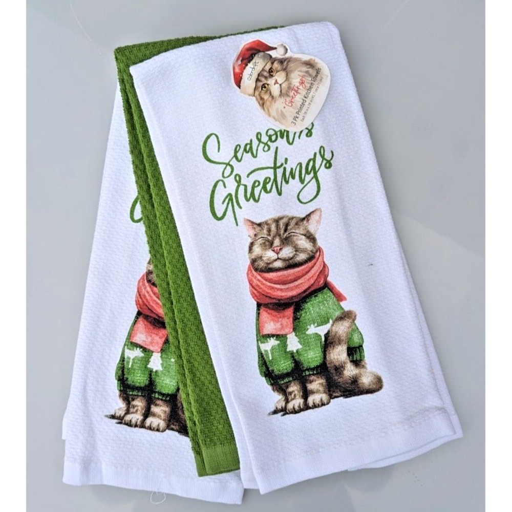 Colordrift‎ CHRISTMAS Kitchen Towels Set of 3 Tabby Cat Kitten Seasons Greetings